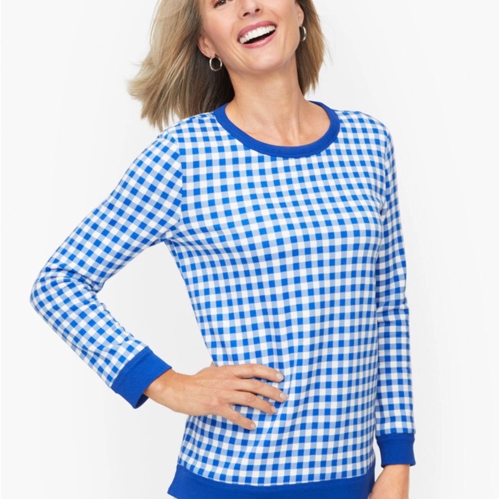 Talbots crewneck sweatshirt gingham check long sleeve ribbed hem and cuffs